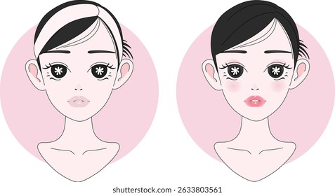 Cute Girl with Bow makeup and no make up – Skincare Doodle Vector
