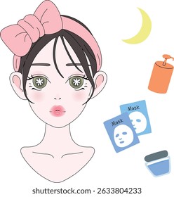 Garota bonito com arco - noite Skincare Rotina Doodle vetor