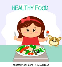 Cute girl with a bow at the table, a plate with vegetables. The puppy looks corgy. Healthy food, organic products. Cartoon style, flat, vector.