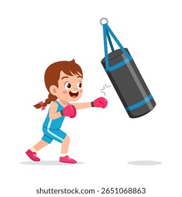 Boxe de menina bonito com saco de perfuração em ilustração de desenhos animados no fundo branco