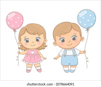 Cute girl and boy with balloons in their hands. Vector illustration of a cartoon.