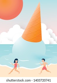 Cute girl and boy with Beautiful beach and ice creamvbackground paper art and pastel color scheme vector illustation