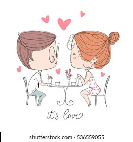 Cute girl and boy in cafe. Valentine's Day. Love card.