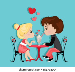 Cute girl and boy in cafe. Valentine's Day. Love card.