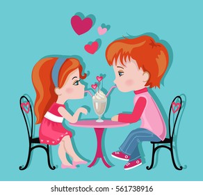 Cute girl and boy in cafe. Valentine's Day. Love card.