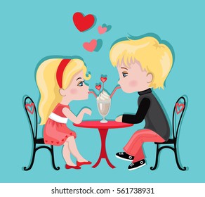 Cute girl and boy in cafe. Valentine's Day. Love card.