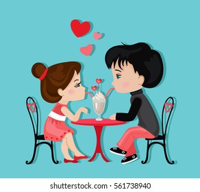 Cute girl and boy in cafe. Valentine's Day. Love card.