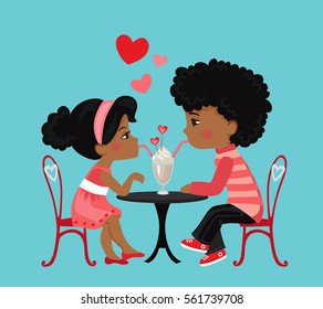 Cute girl and boy in cafe. Valentine's Day. Love card.