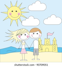 cute girl and boy cartoon over summer landscape vector illustration