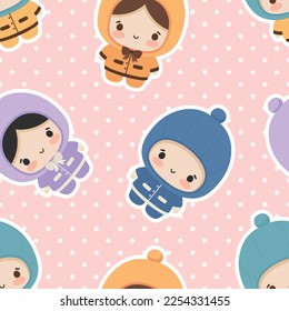 cute girl and boy character, kawaii cartoon dawn, seamless pattern for nursery, bedroom, vector illustration background