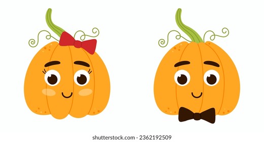 Cute girl and boy character pumpkin. Kawaii baby pumpkins. Cartoon vector illustration