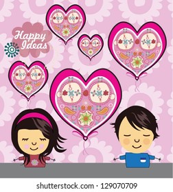 Cute girl and boy characters with hearts background