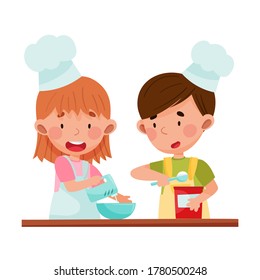Cute Girl and Boy Chef Characters Wearing Apron and Hat Beating Eggs in Bowl Vector Illustration