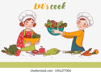 Cute girl and boy cooking salad in the kitchen