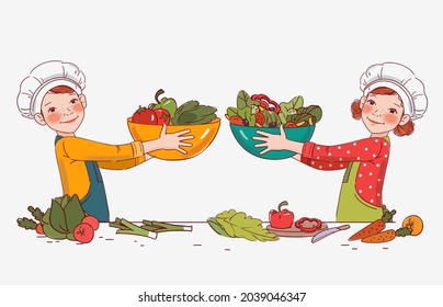 Cute girl and boy cooking salad in the kitchen