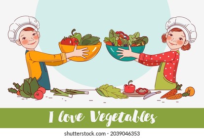 Cute girl and boy cooking salad in the kitchen