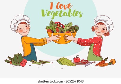 Cute girl and boy cooking salad in the kitchen