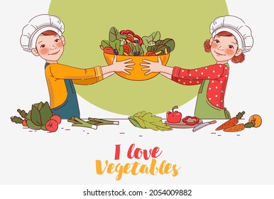 Cute girl and boy cooking salad in the kitchen
