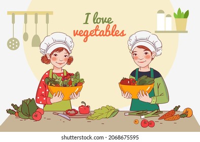 Cute Girl And Boy Cooking Salad In The Kitchen