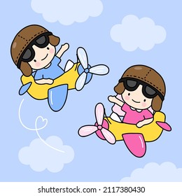 Cute Girl and boy drawing cartoon style, young couple for Valentine's card with text, cartoon character flat design vector illustration