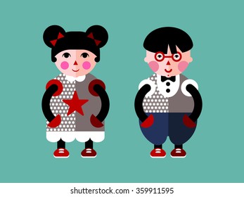 Cute girl and the boy dressed stylishly. Fashion children. Flat design.