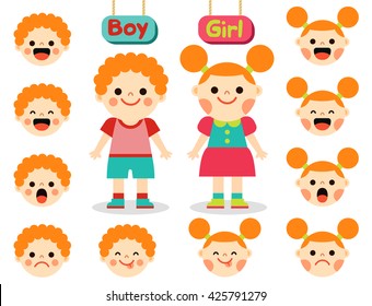 Cute girl and boy with faces showing different emotions