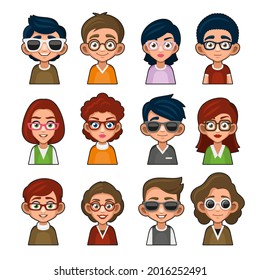 Cute Girl and Boy with Glasses Avatar. Young People Cartoon Style Userpic Icon