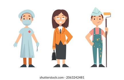 Cute Girl and Boy Having Different Profession Wearing Uniform Vector Set
