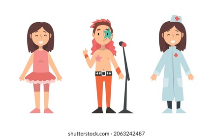 Cute Girl and Boy Having Different Profession Wearing Uniform Vector Set