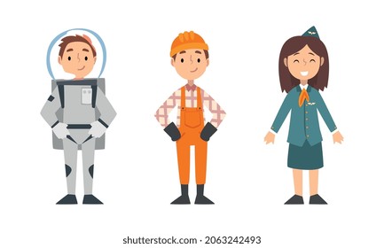 Cute Girl and Boy Having Different Profession Wearing Uniform Vector Set