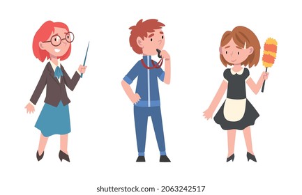 Cute Girl and Boy Having Different Profession Wearing Uniform Vector Set