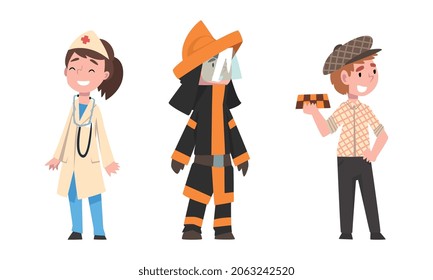 Cute Girl and Boy Having Different Profession Wearing Uniform Vector Set