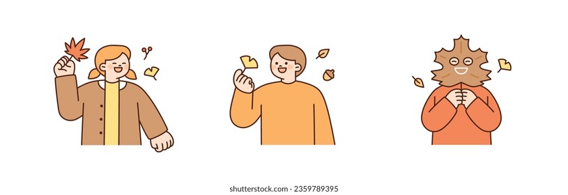 Cute girl and boy holding fallen autumn leaves. One person is wearing a mask made of large sycamore leaves. outline simple vector illustration.