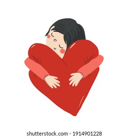 Cute girl or boy are hugging a soft heart. Vector childish illustration for Happy Valentines day. Cood for greetings card, posters, web design, logo, stickers, sublimation printing on t shirt or mug