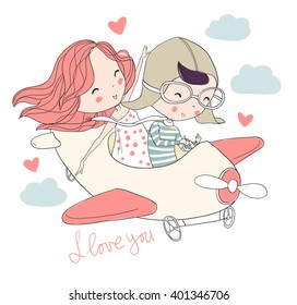 Cute girl and boy. Love card. Valentine's Day.