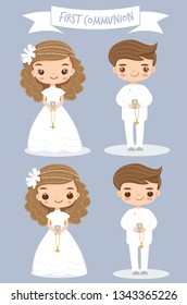 cute girl and boy making their first communion , vector isolated with background