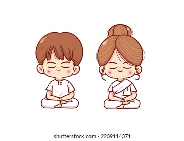 Cute girl and cute boy meditating in white clothes cartoon character hand draw art illustration