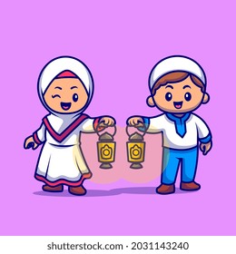 Cute Girl And Boy Moslem Bring Lantern Lamp Cartoon Vector Icon Illustration. People Religion Icon Concept Isolated Premium Vector. Flat Cartoon Style