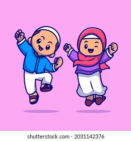 Cute Girl And Boy Moslem Celebrating Ied Mubarak Cartoon Vector Icon Illustration. People Religion Icon Concept Isolated Premium Vector. Flat Cartoon Style