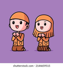 Cute Girl And Boy Moslem Celebrating Eid Mubarak Cartoon Vector Icon Illustration. People Religion Icon Concept Isolated Premium Vector. Flat Cartoon Style
