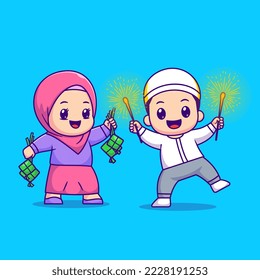 Cute Girl And Boy Moslem Celebrating Eid Mubarak Cartoon Vector Icon Illustration. People Religion Icon Concept Isolated Premium Vector. Flat Cartoon Style