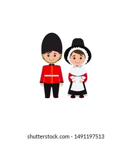 Cute girl and boy in national dress. Uk. Vector cartoon illustration can use for kids decor, print, card, sticker kit, interior design.