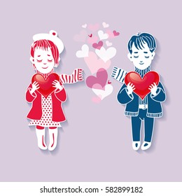 Cute girl and boy over background with hearts. Good for Valentine day card design. Hand drawn vector illustration