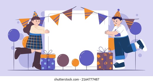 Cute girl and boy in party with gift box in cartoon character, copy space, vector illustration