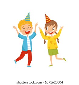 Cute girl and boy in party hats having fun at birthday party cartoon vector Illustration on a white background