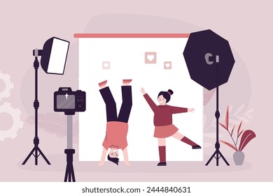 Cute girl and boy at photo session, photographer making photos. Active caucasian kids before camera. Photo studio interior with equipment. flat vector Illustration