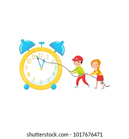 Cute girl and boy playing with giant clock learning to read time, preschool activities and early childhood education cartoon vector Illustration