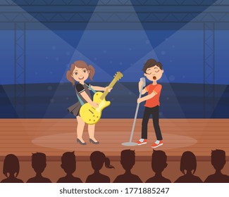 Cute Girl and Boy Playing Guitar and Singing on Stage, Talented Young Musicians Performing at Concert or Music Festival Vector Illustration