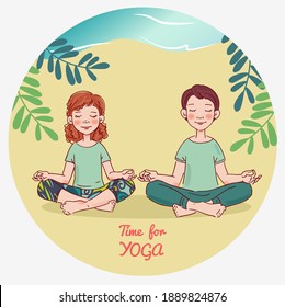 Cute girl and boy practicing yoga. Kids Yoga vector illustration. Summer landscape background