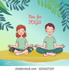 Cute girl and boy practicing yoga. Kids Yoga vector illustration. Summer landscape background